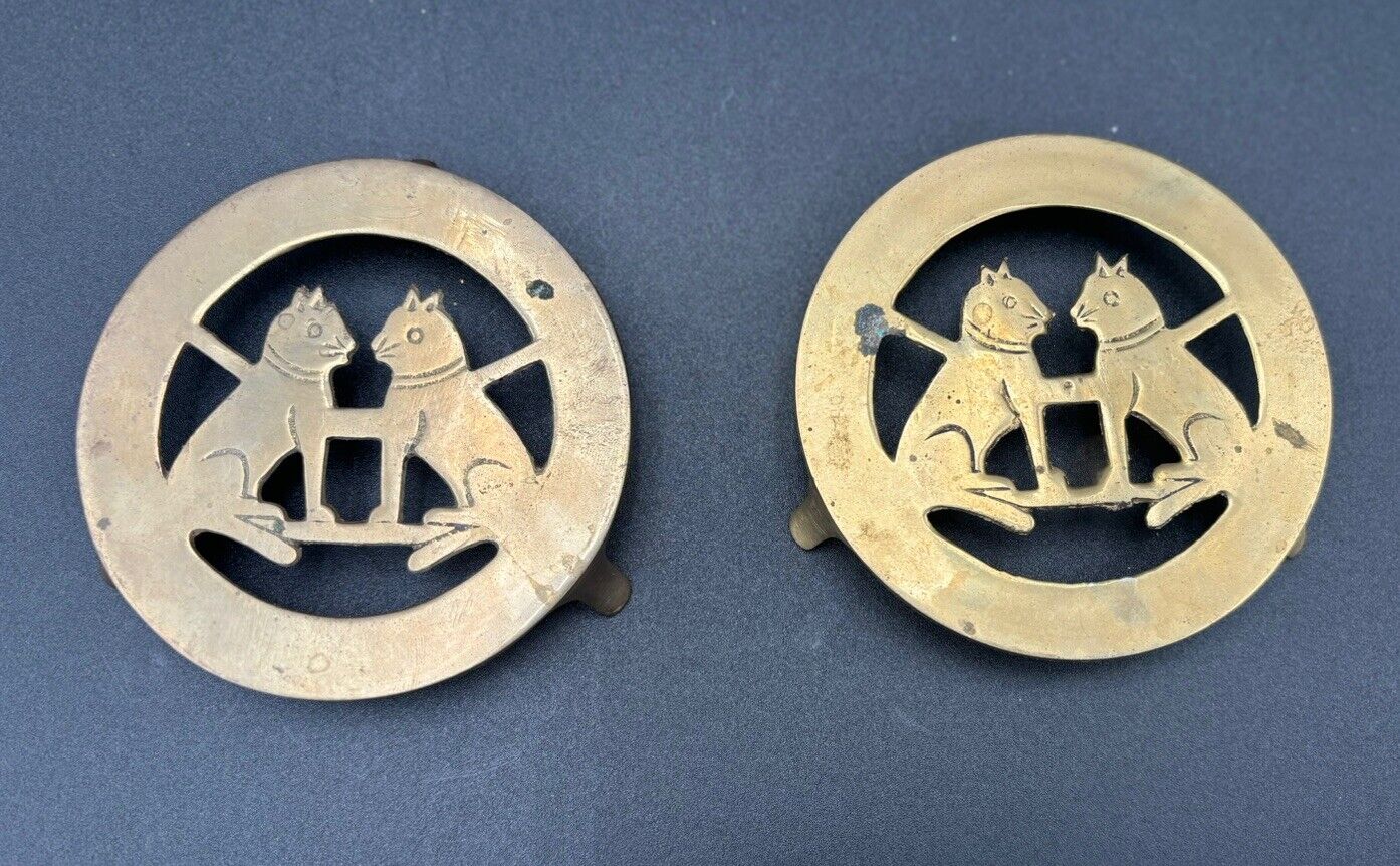 Two Vintage Brass Footed Trivet, Coasters, Plant Stand With Cats