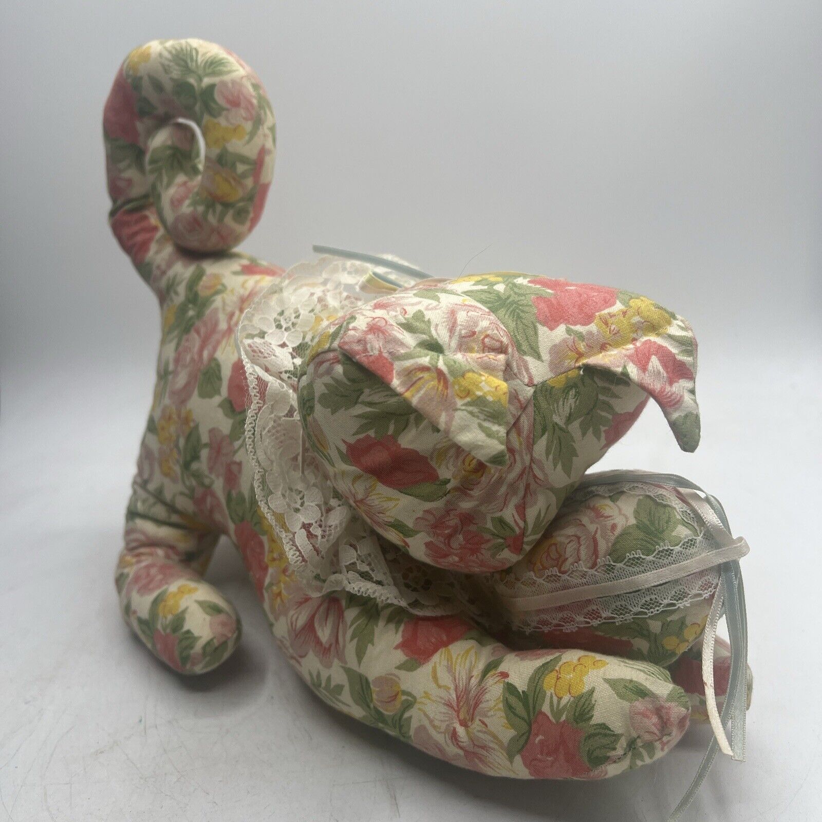 Fabric Cat Stuffed Doll Plush Pouncing Floral Country Chic Cottagecore Vintage
