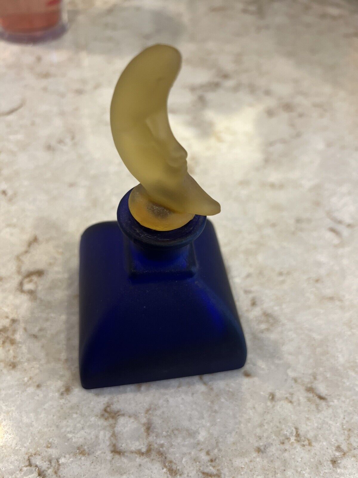 Vintage Cobalt Blue Frosted Perfume Bottle Crescent Moon Topper Rare 5” Tall