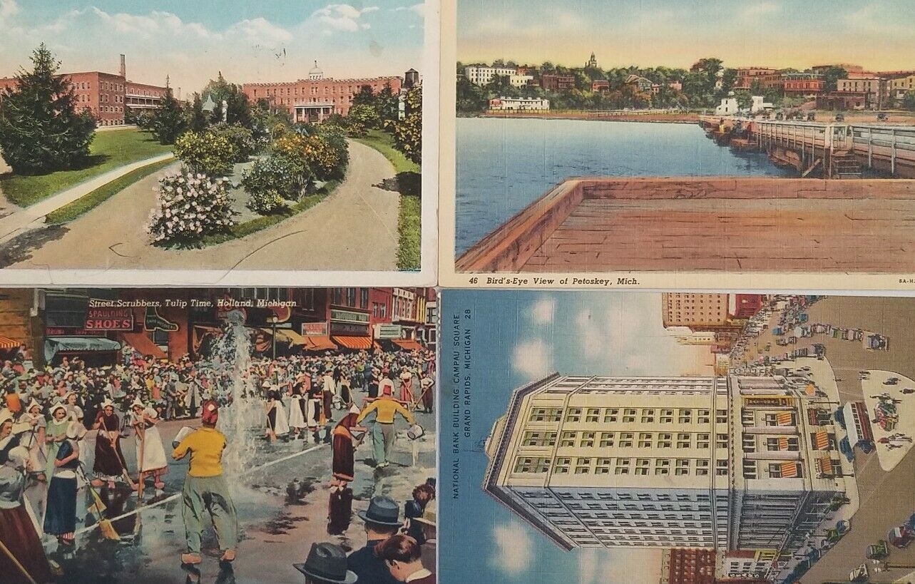 4 Michigan Postcards Roosevelt Hall Petoskey Square Holland Scrubbers Rectangle