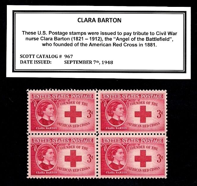 1948 - NURSING - CLARA BARTON Mint, Never Hinged, Block of Vintage Stamps