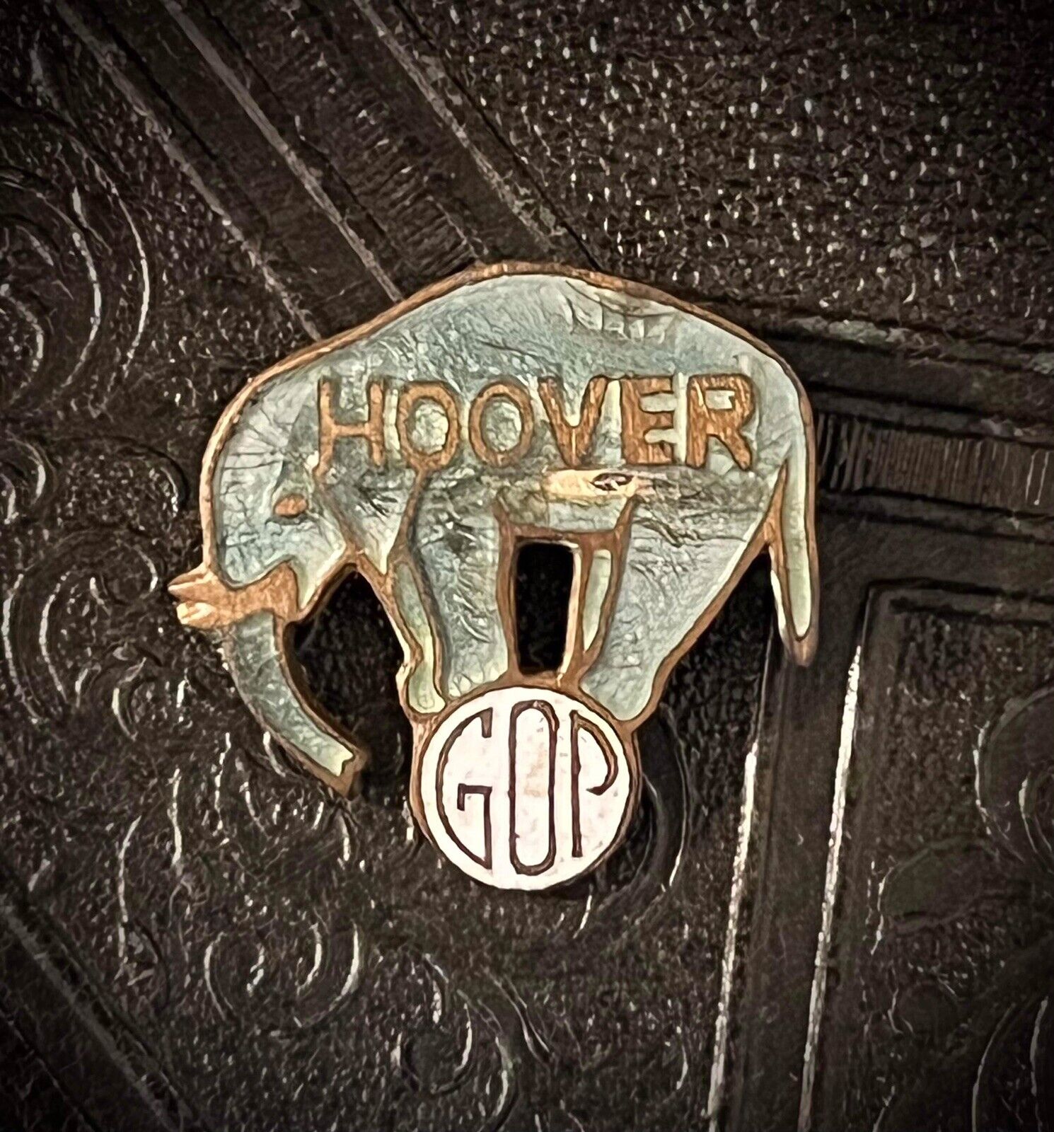 Vintage 1932 Herbert Hoover Enameled Elephant Pin, On Ball, GOP, Political Pin