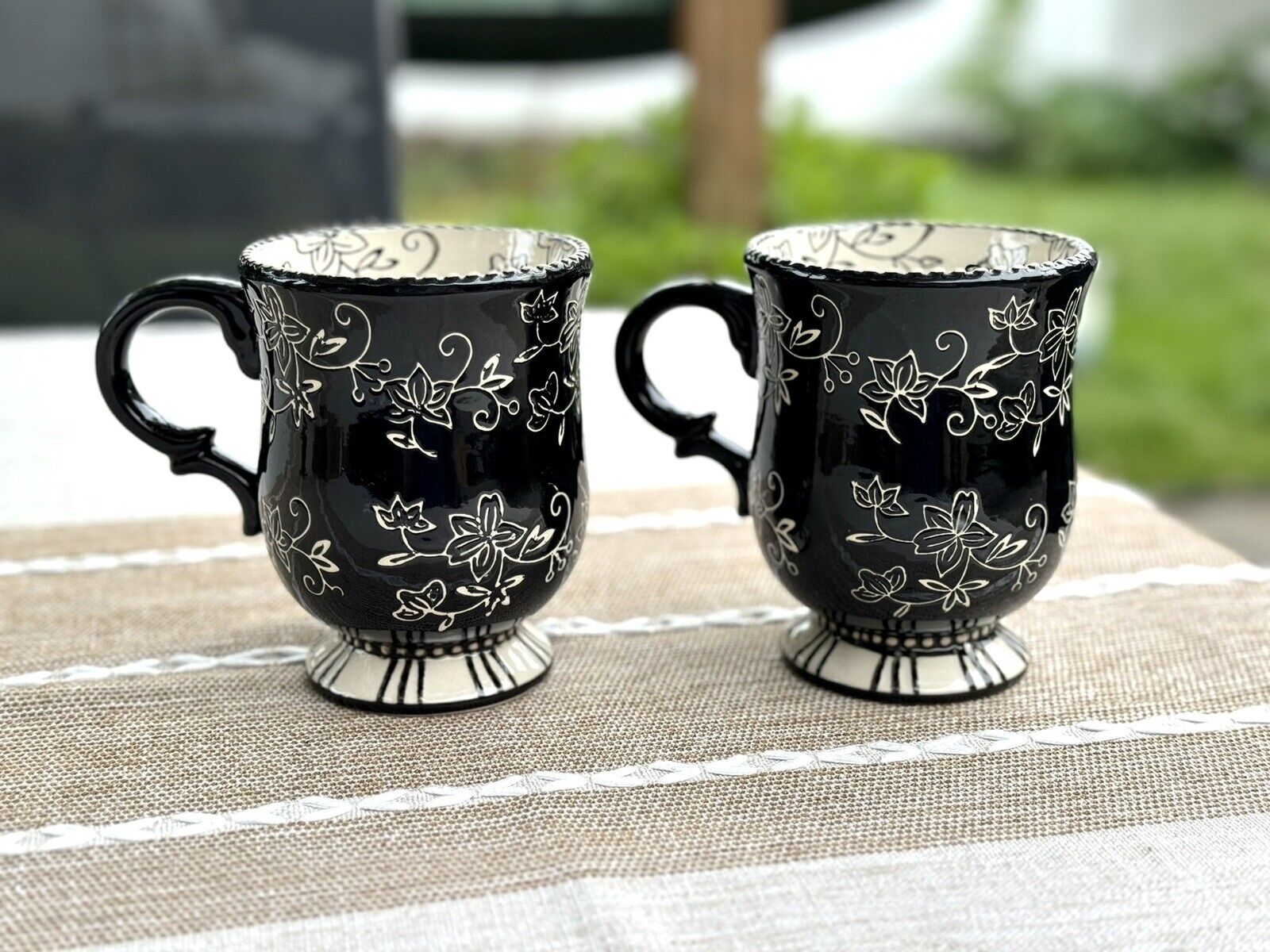 Temp-tations by Tara Black Floral Lace 16 Oz Mugs Handpainted  (Set Of 2)
