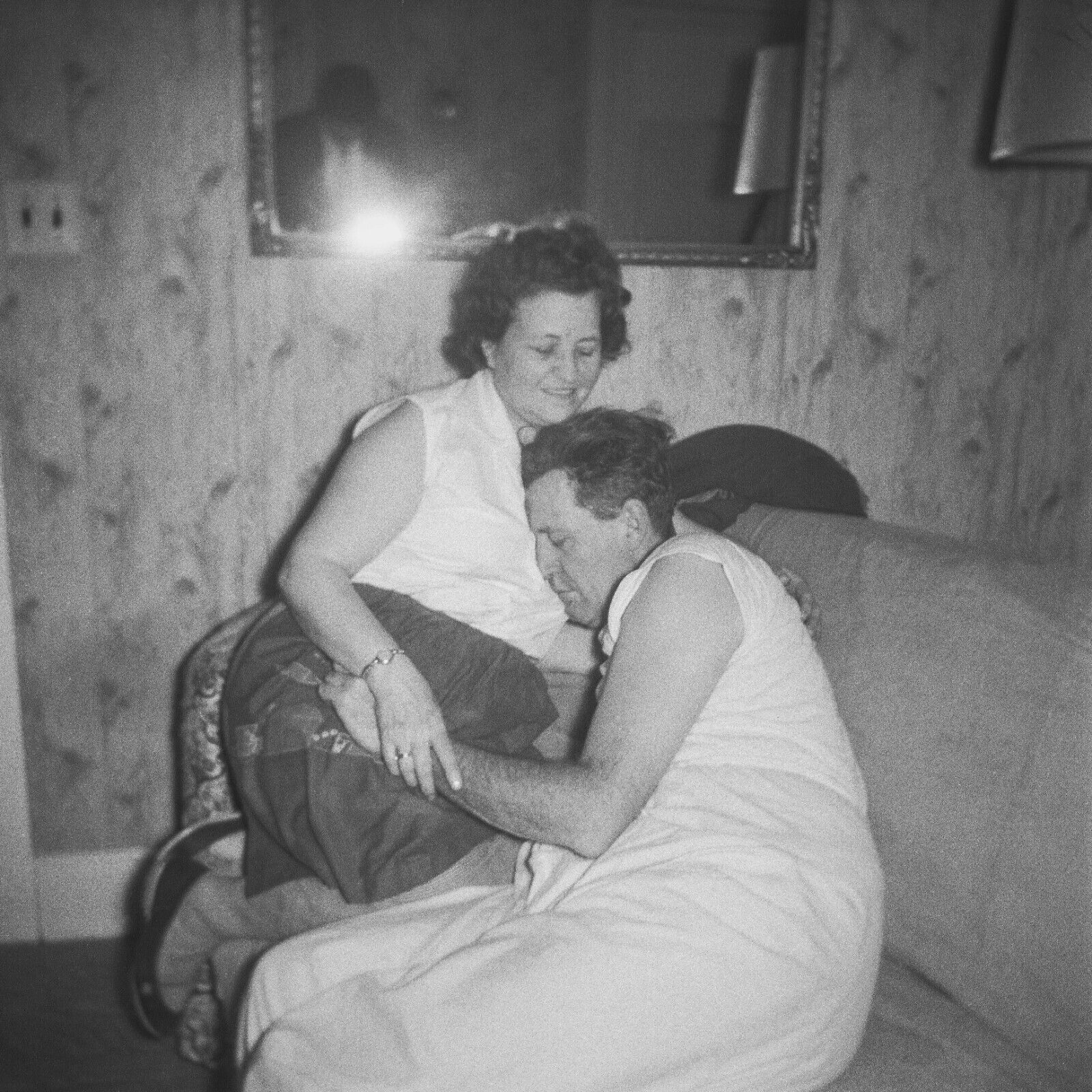 Voyeur Watching Couple Cuddle Photo 1950s Face Buried in Breasts Found Snapshot