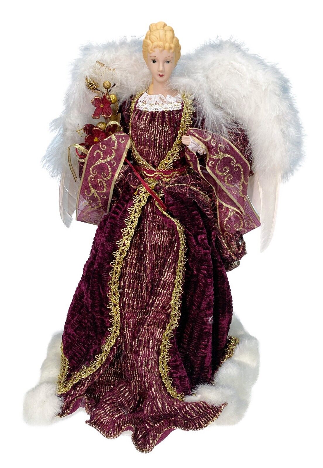 16” Angel Tree Topper Christmas Figurine Feather Wings Red Velvet Robe Creative