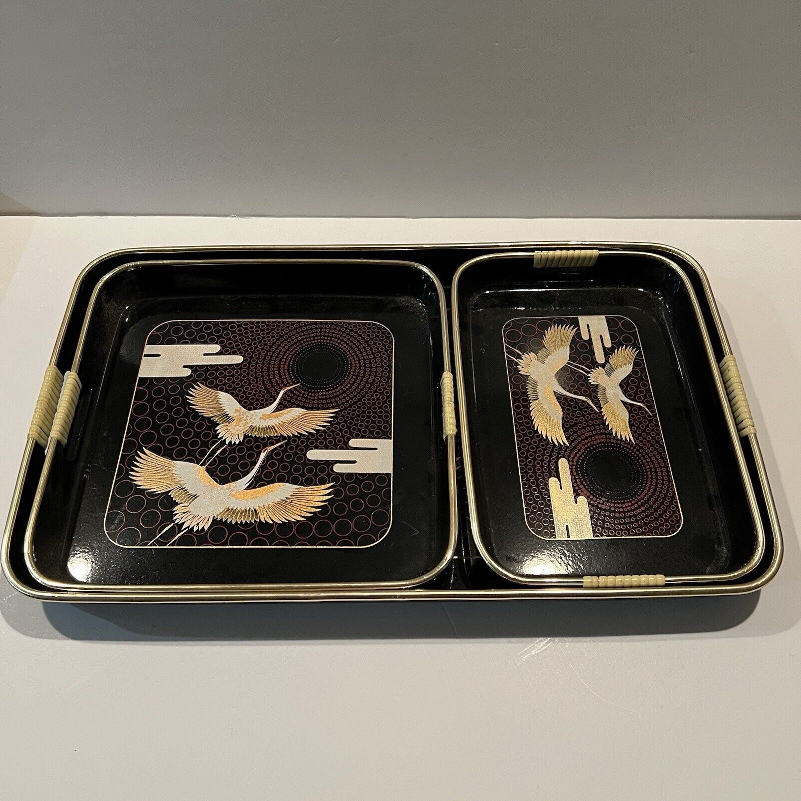 Vintage Lacquered 3 Nesting Trays Black with Blue Gold Birds Japan