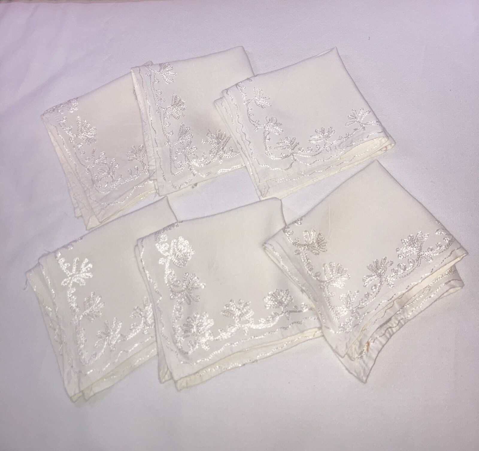 Set of 6 Ivory Colored Napkins Floral Embroidered Look 11” X 12”