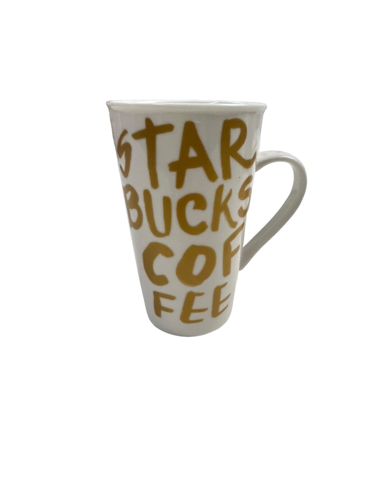 Starbucks 2015 16oz Ceramic Coffee Mug White with Gold Graffiti Letters
