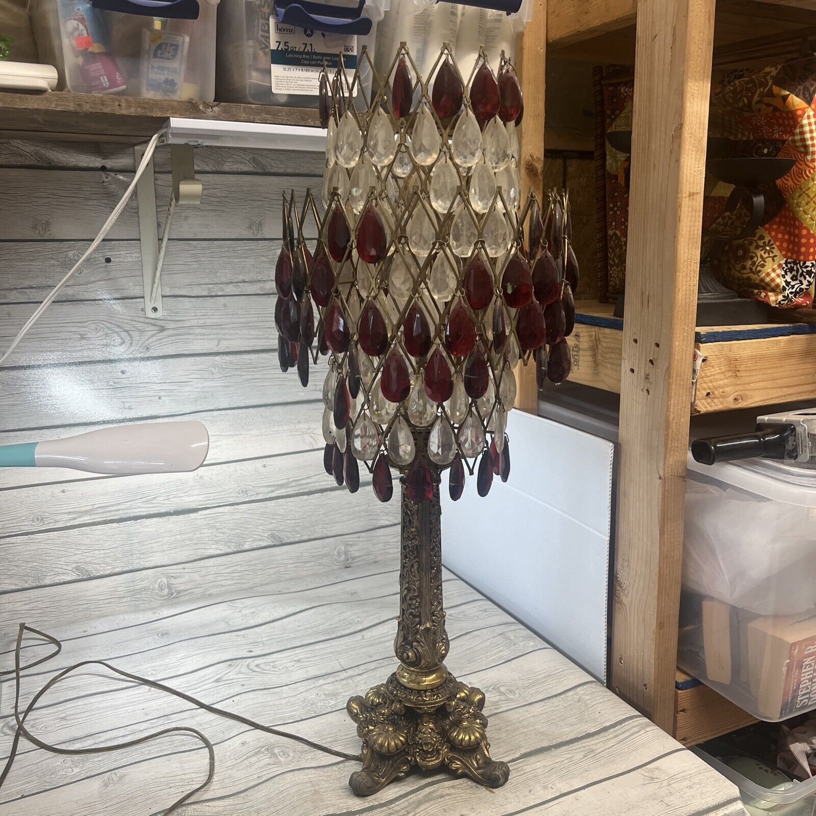 Vtg.Brass MCM Hollywood Regency Lucite Red Crystal Table Lamp