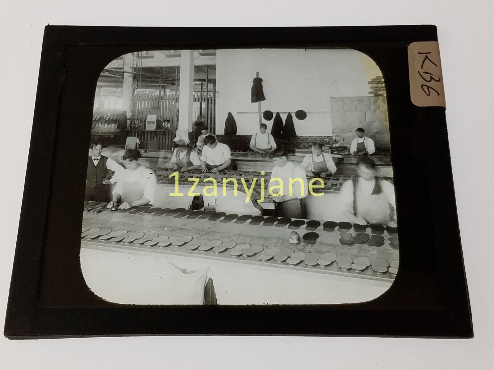 KBG HISTORIC Magic Lantern GLASS Slide WORKERS IN FACTORY PRODUCTION LINE