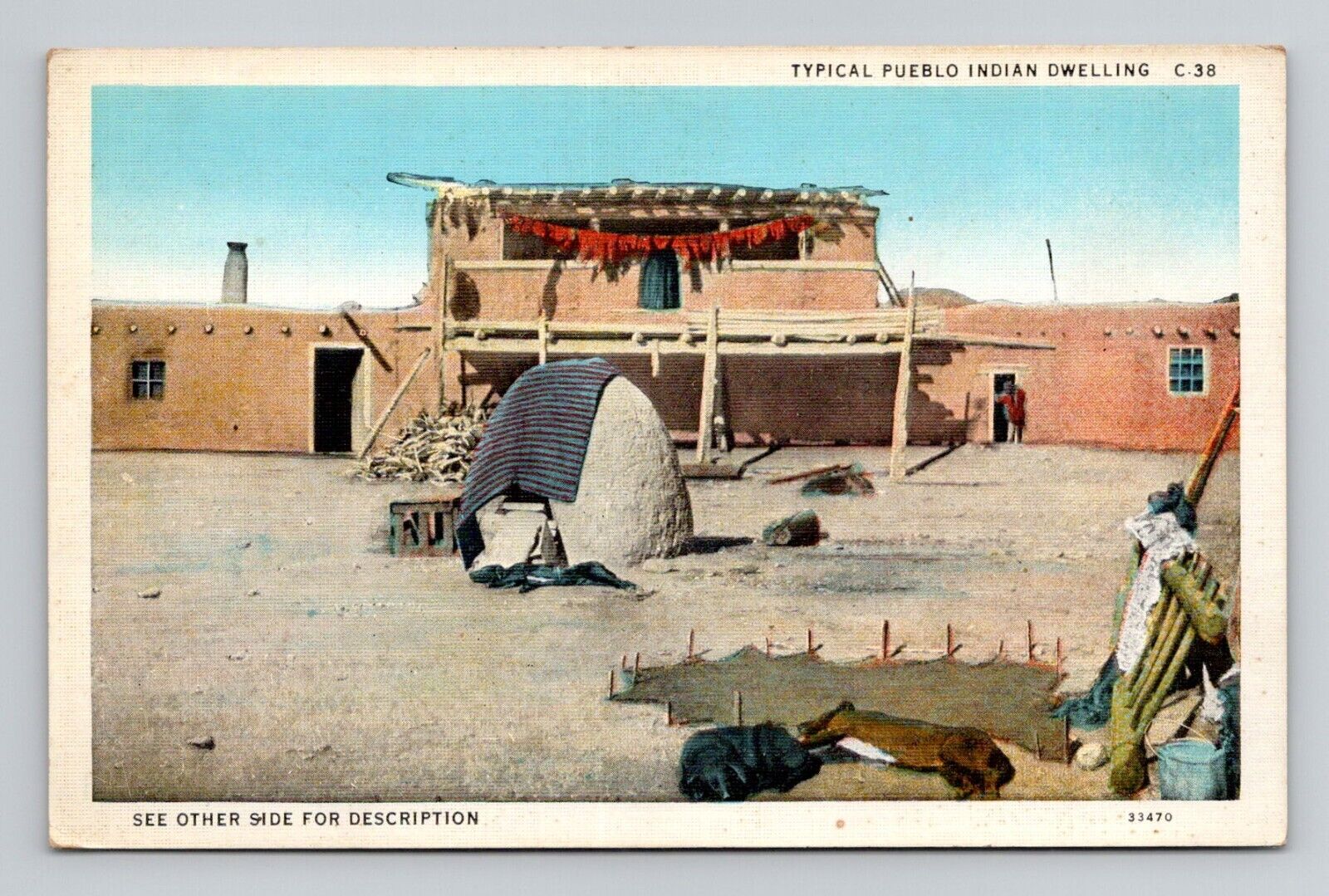 Postcard Pueblo Native American Dwelling New Mexico, Vintage Linen H1