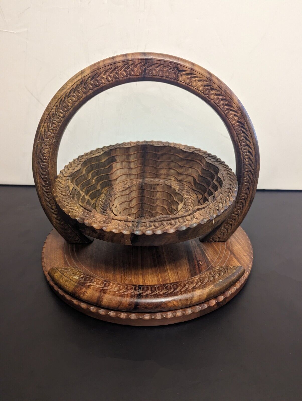 Unique Vintage Hand Carved Folding Basket Collapsible Made In Jerusalem 
