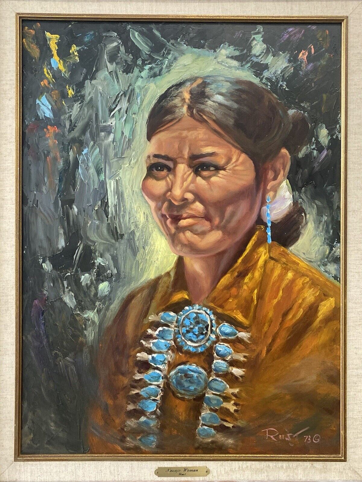 🔥 Fine Vintage Old Southwest Navajo Indian Portrait Oil Painting, Gertrude RUST