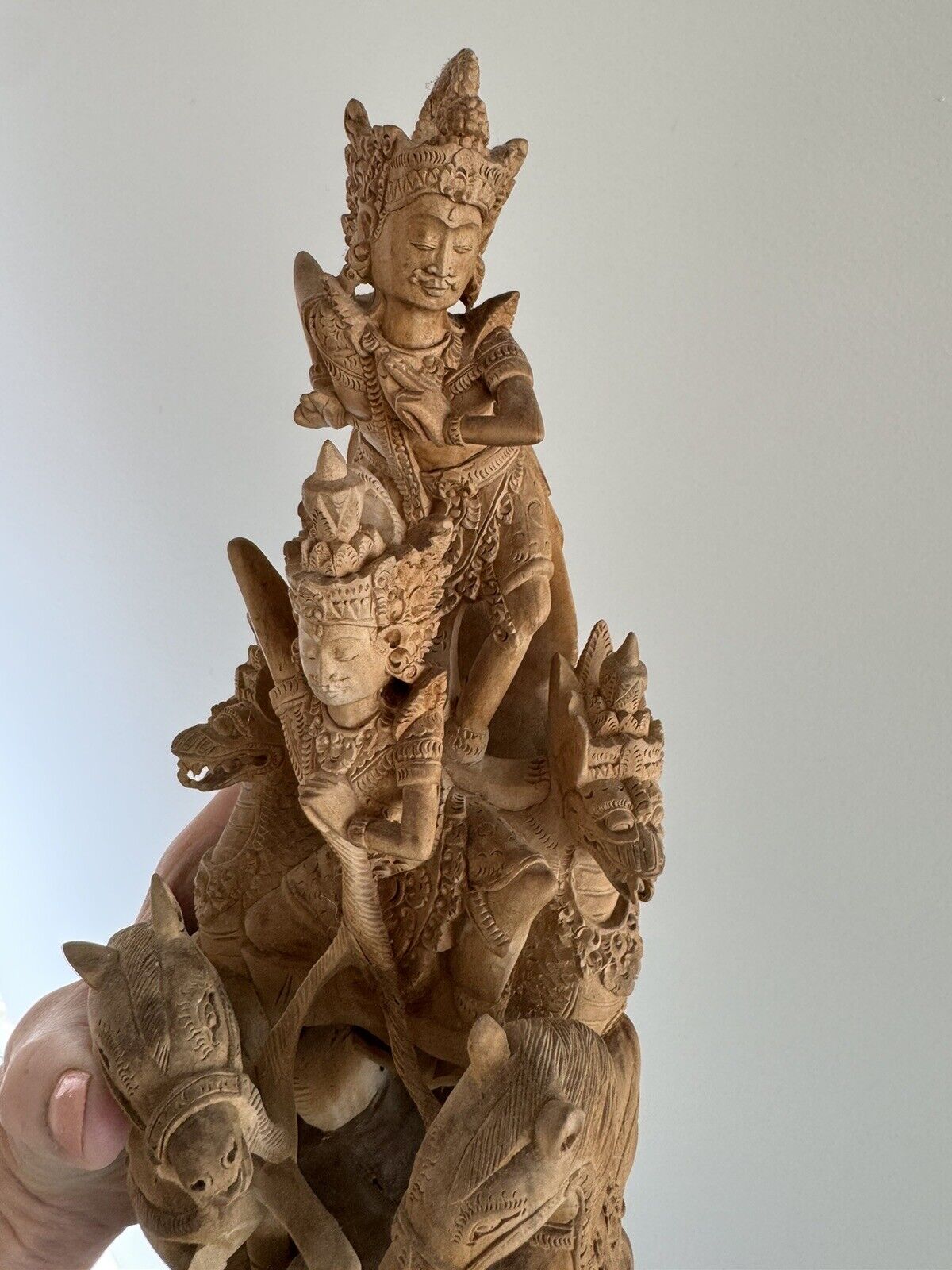 Vintage Vishnu & Garuda On Horses- Sandalwood Carving- Indonesia