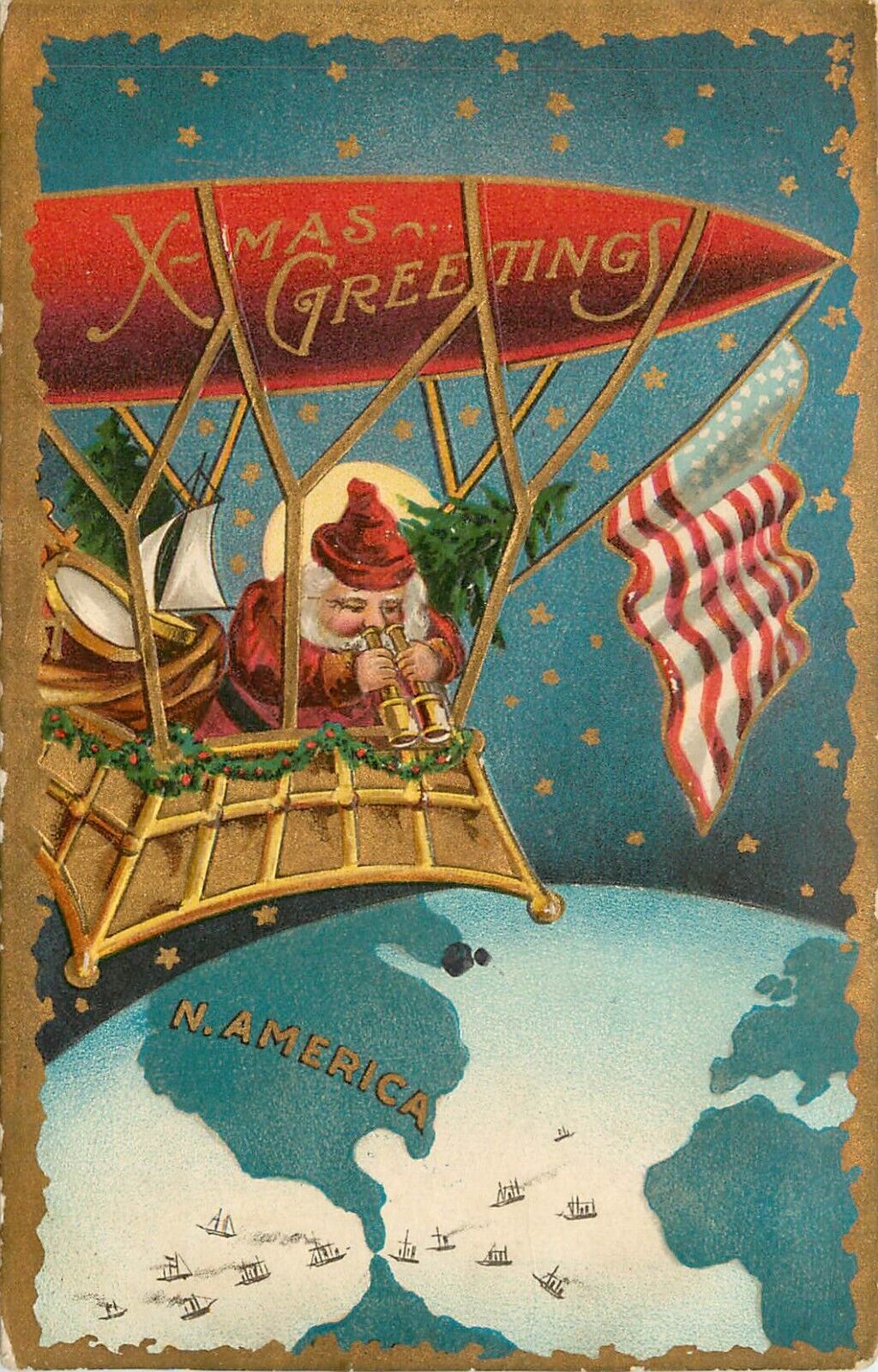 Embossed Christmas Postcard Santa Rides Balloon Rocket over Panama Canal US Flag