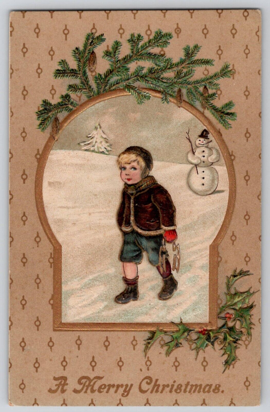 Merry Christmas Little Boy Carrying Ice Skates Snowman Postcard 1910s