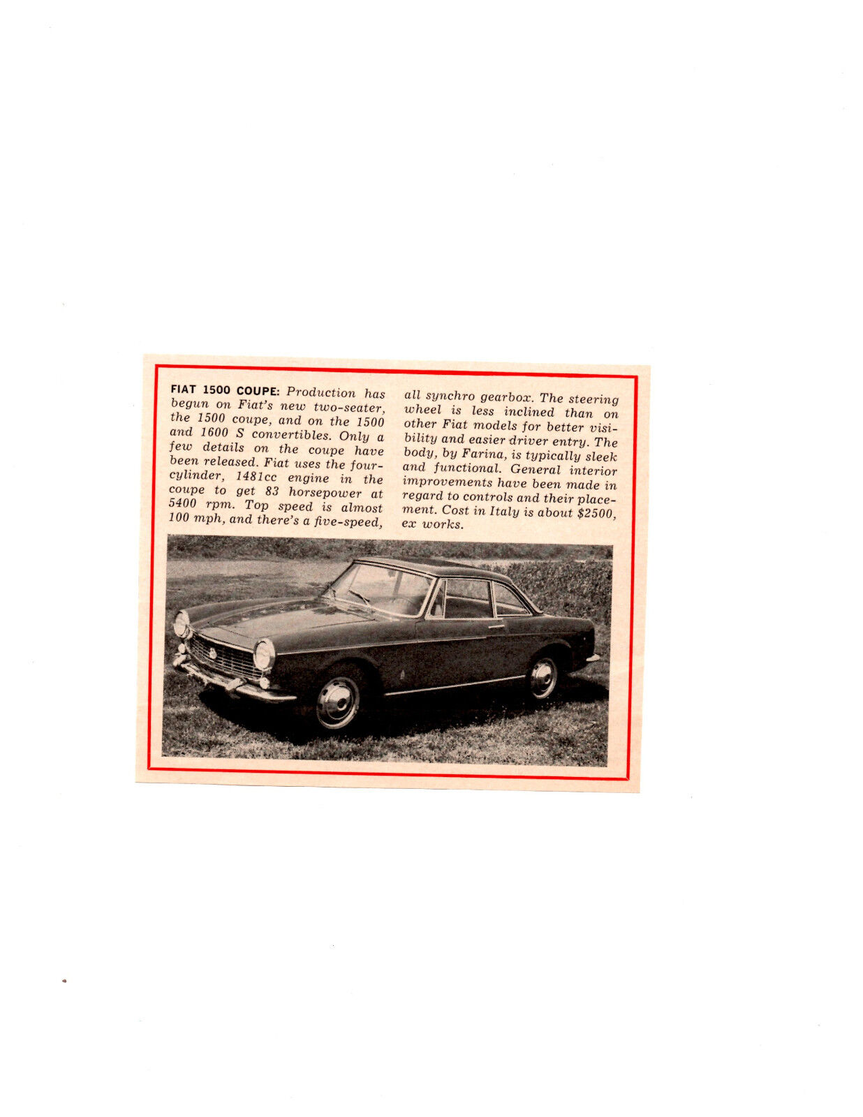 1965 FIAT 1500 COUPE ~ ORIGINAL SMALLER NEW CAR PREVIEW ARTICLE / AD