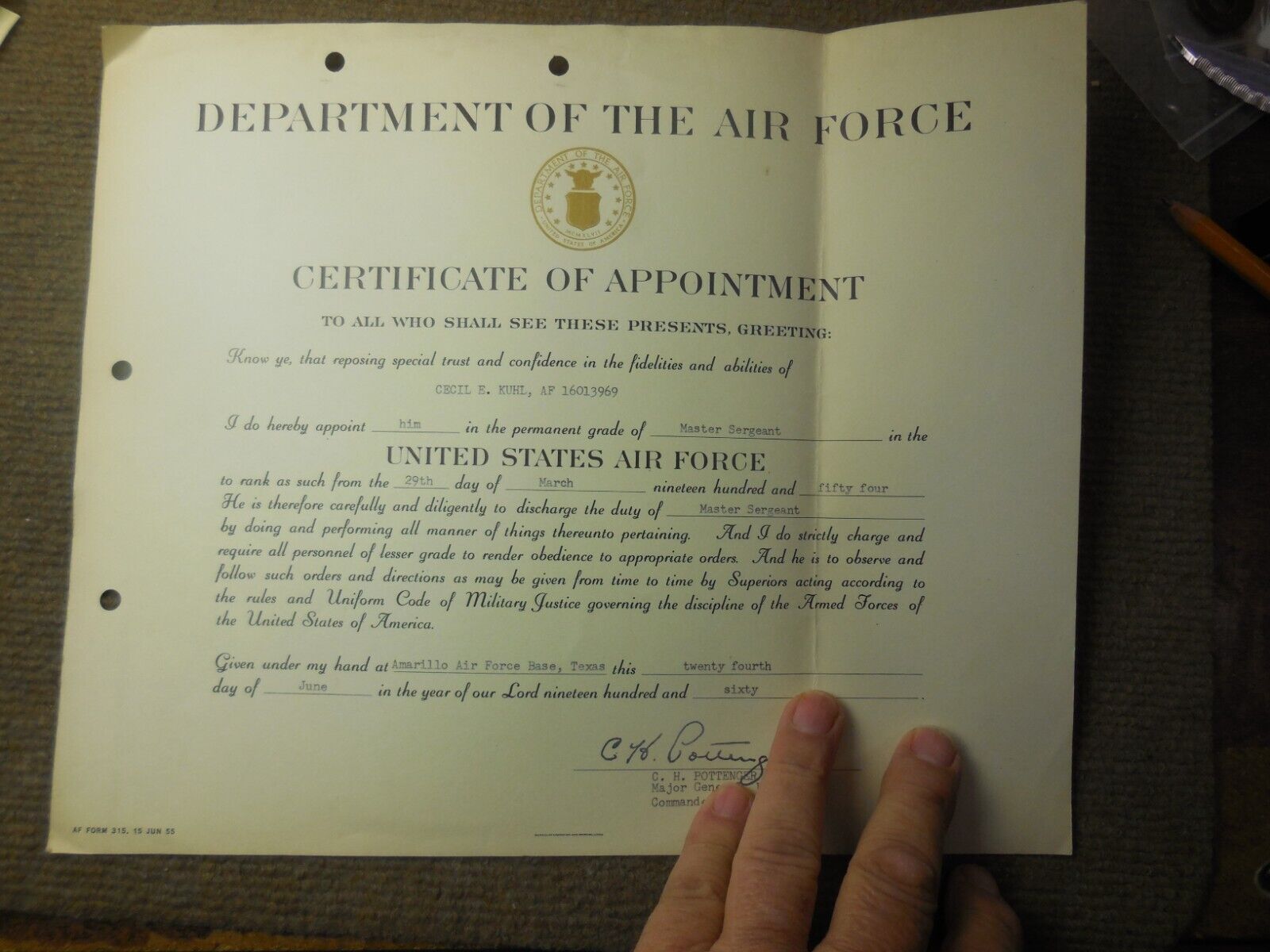 1960 USAF Master Sergeant Certificate Of Appointment Amarillo AFB Texas