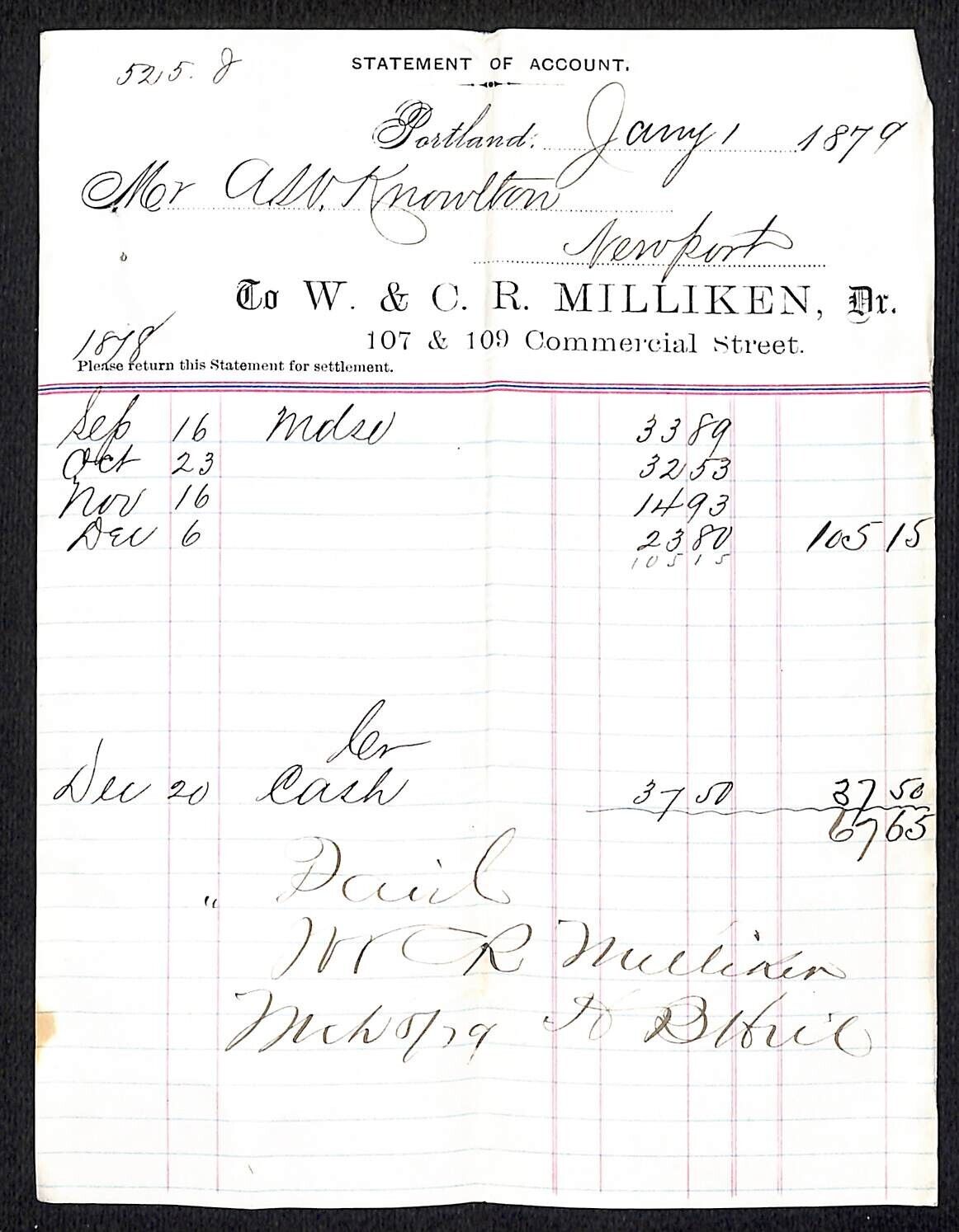 1879 A.W. Knowlton* Newburgh, ME W. & C. R. Milliken Portland Grocer Dry Goods