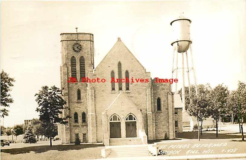 WI, Kiel, Wisconsin, RPPC, Saint Peters Reformed Church, Water Tower, Cook Photo