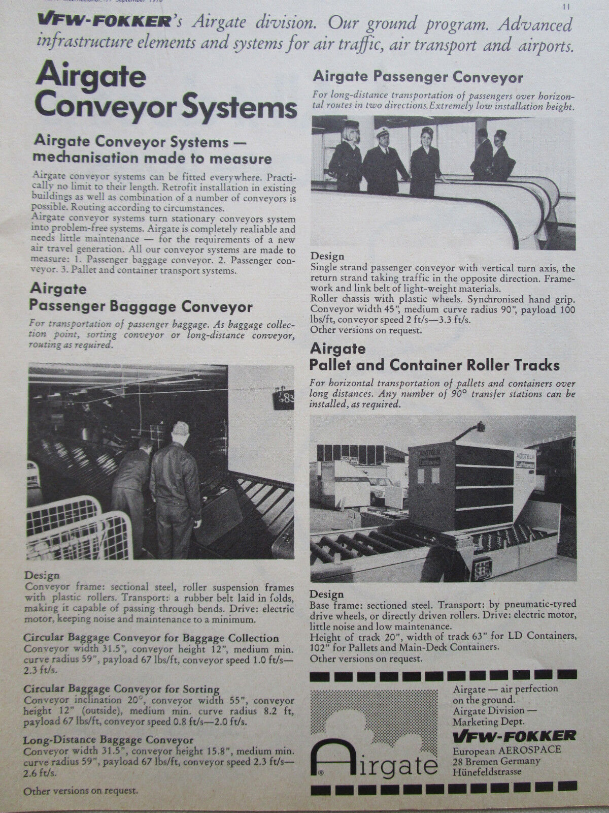 9/1970 PUB VFW FOKKER AIRGATE CONVEYOR BAGGAGE PASSENGER AIRPORT ORIGINAL AD