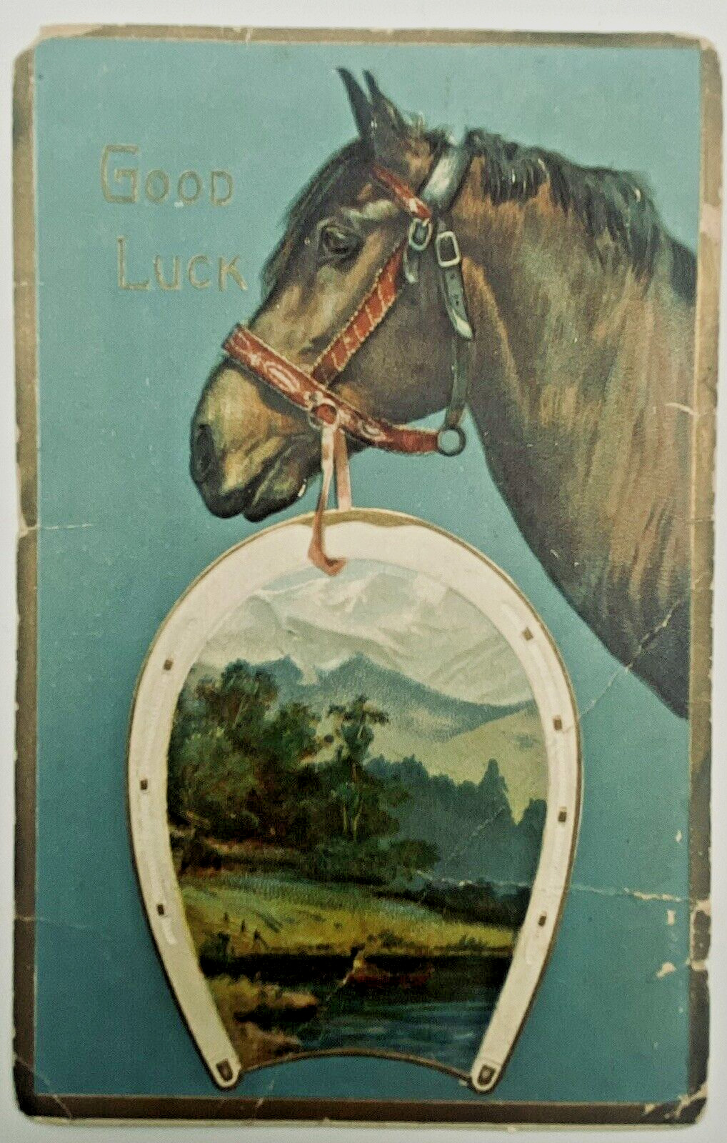 Antique Vintage Postcard Horse Horseshoe Landscape Good Luck Embossed 1900s