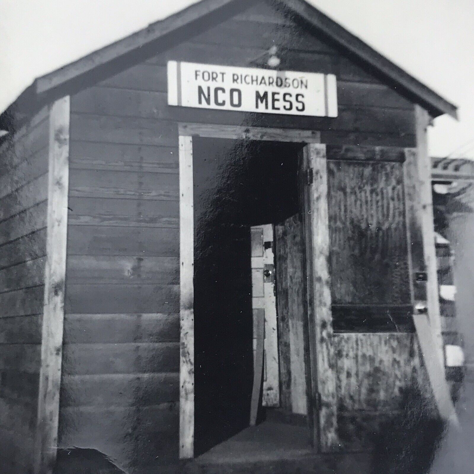 Vintage 1953 Black and White Photo Fort Richardson NCO Mess Sign Entrance Door