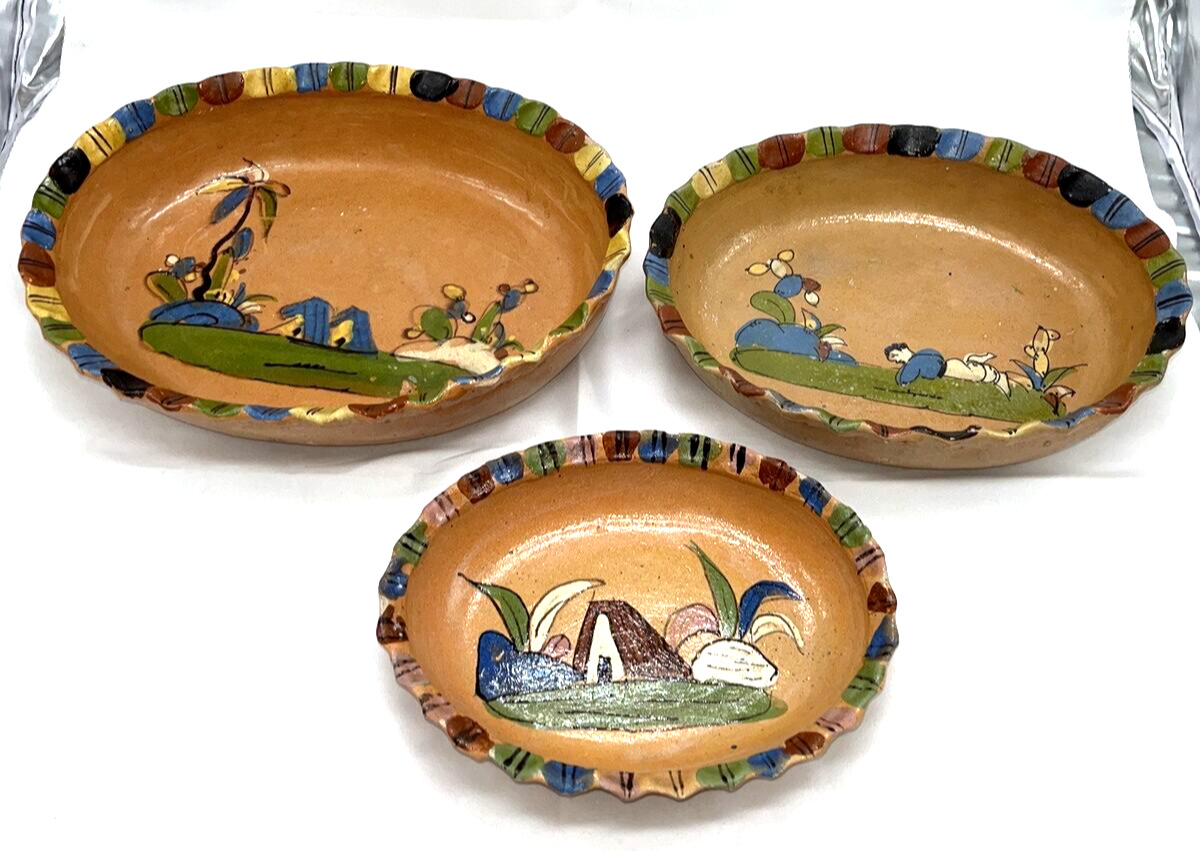 Tlaquepaque Mexican Pottery Nesting Bowls Plates Set of 3 1930s 40s Vintage