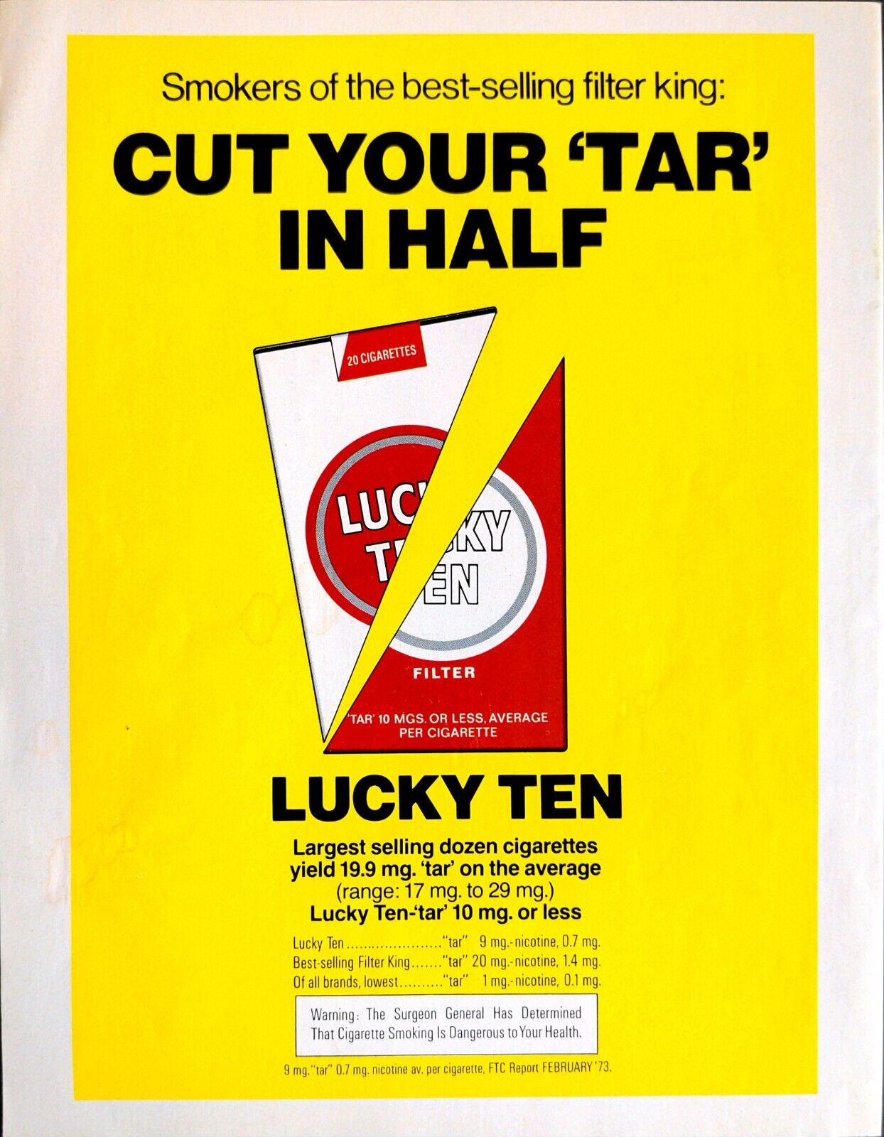 1973 Lucky Ten Filter Cigarettes Smokers Best Selling Filter King Print Ad
