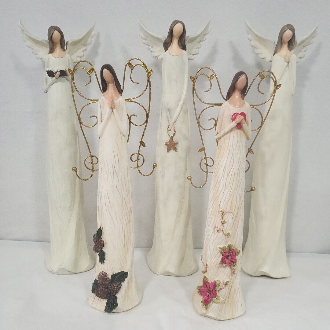 Tii Collectibles Lot of 5 Angels Tall Resin Figurines Flowers Praying Christmas 