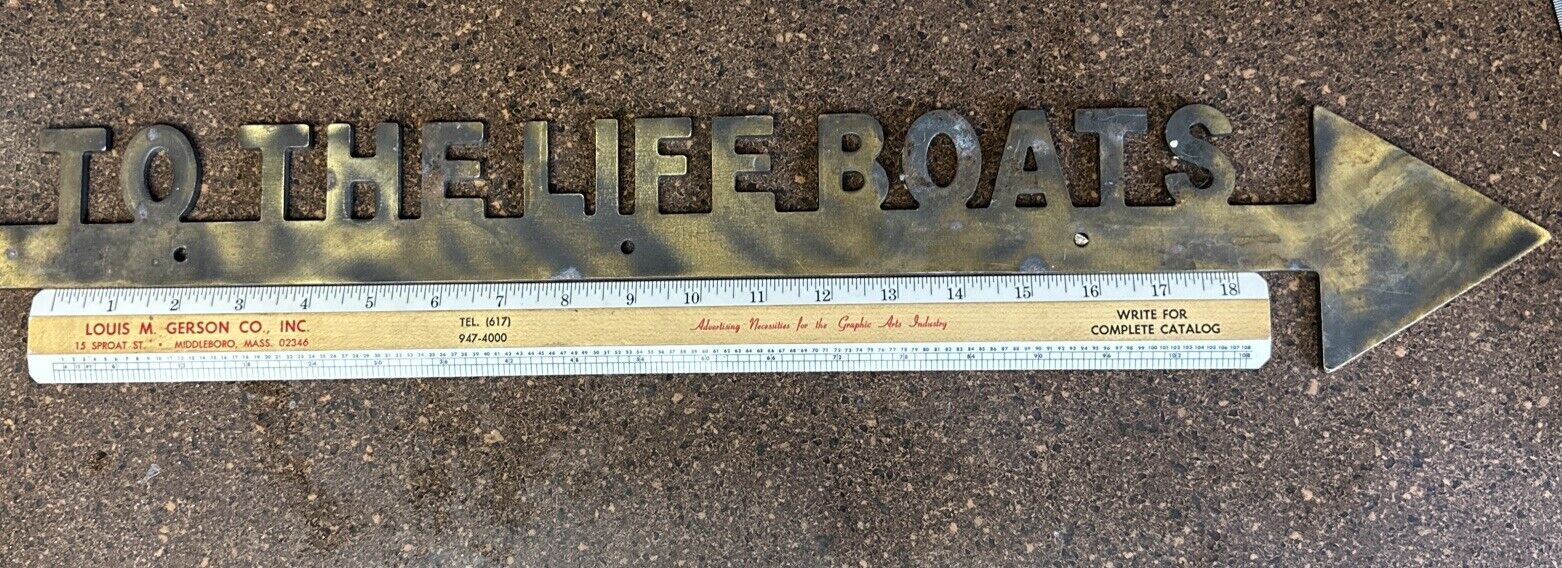 Vintage TO THE LIFE BOATS Arrow Brass Colored Sign 24\