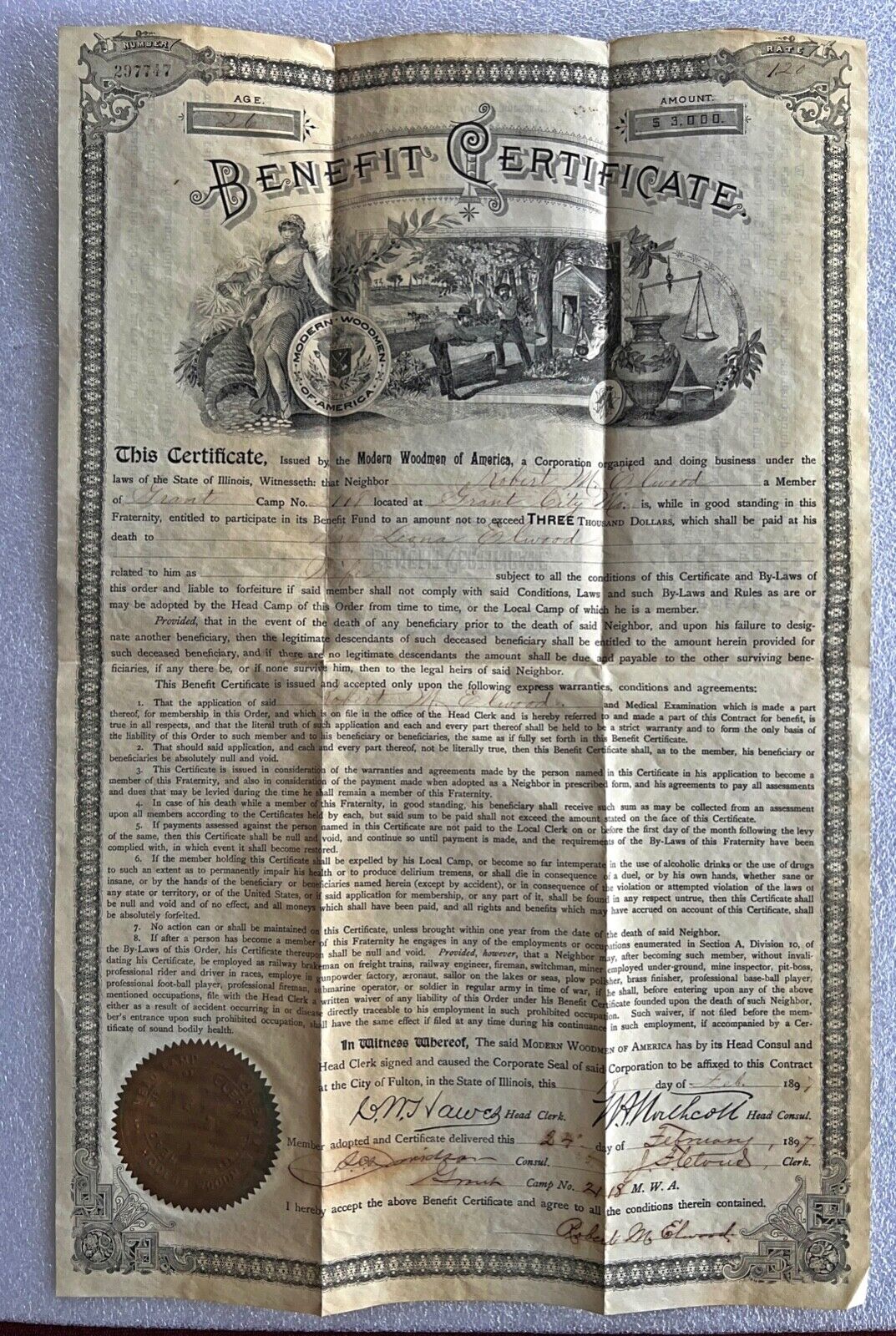 Antique Death Benefit Paper Certificate • Certified 1897