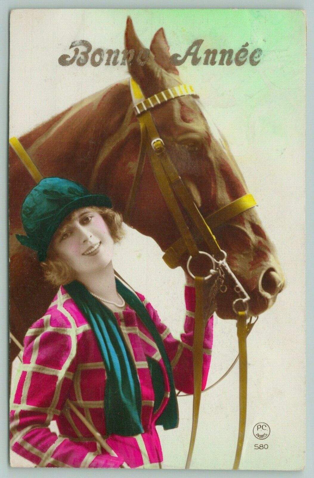 RPPC Lovely Lady~Casal Cloche Hat/Scarf~Red Plaid Jacket~Brown Horse~Yellow Rein