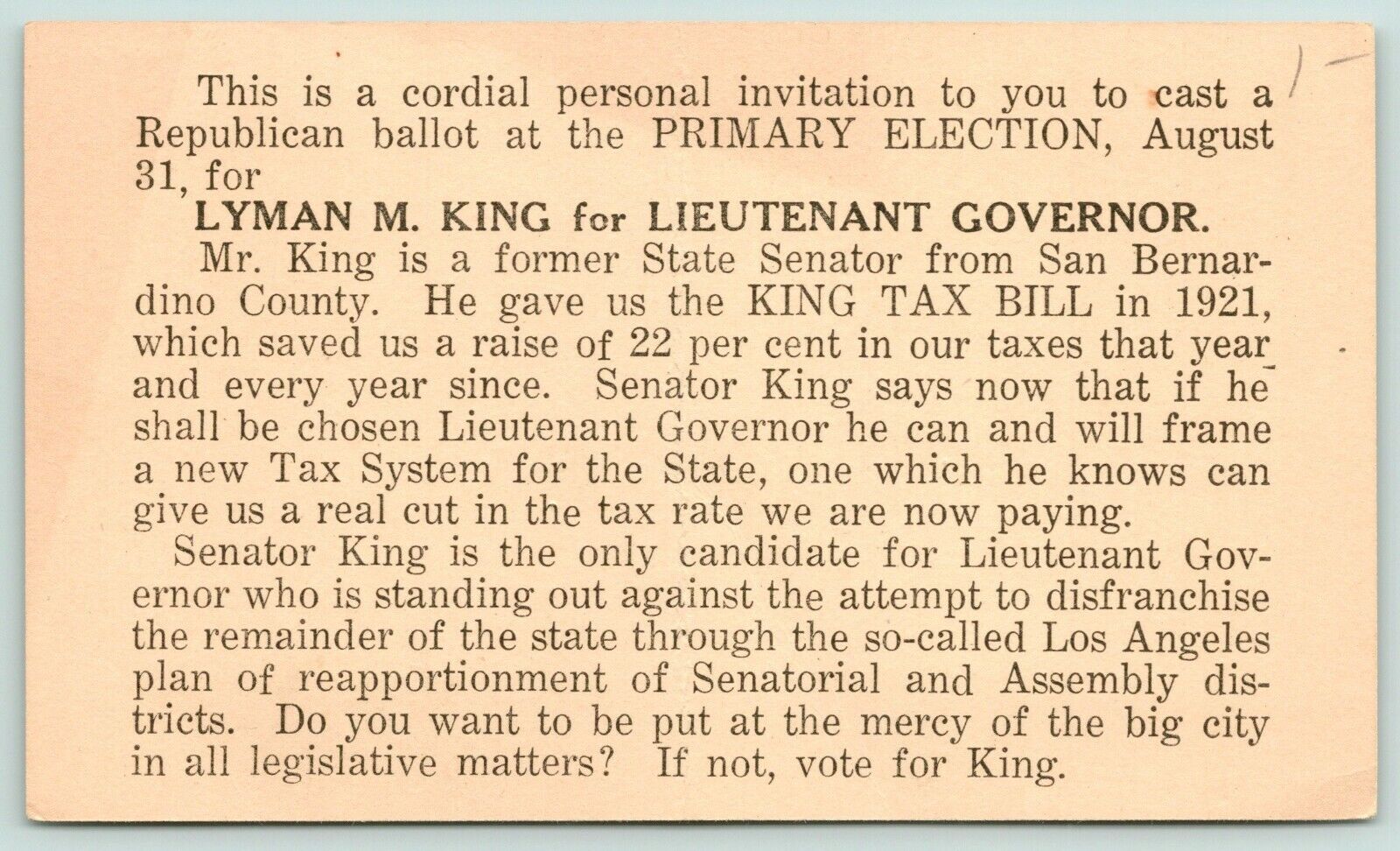 Redlands California Politics~Lyman Maurice King for Lieutenant Governor~c1930