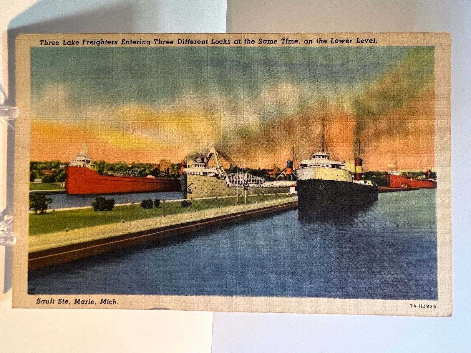 Sault Ste. Marie MI-Michigan, Three Lake Freighters, Vintage Postcard