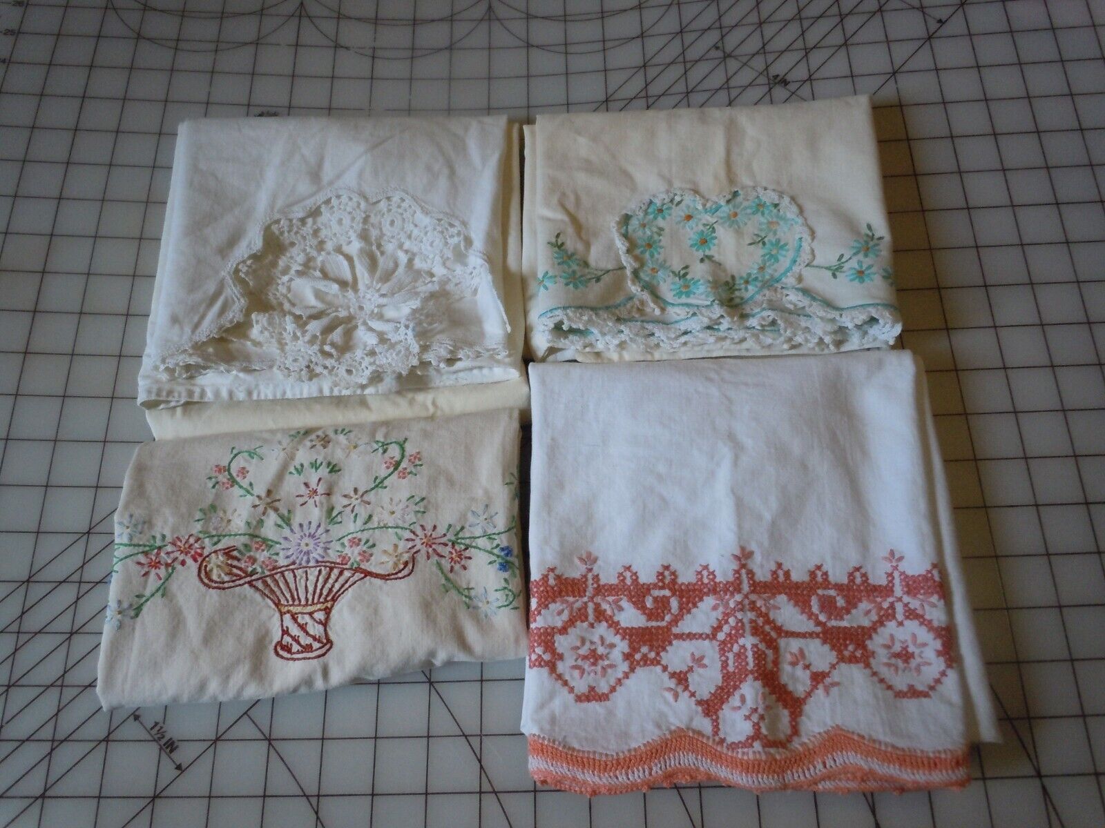 Embroidered Crochet  Vintage Cotton Pillowcases Lot Of 4 Cutter Craft