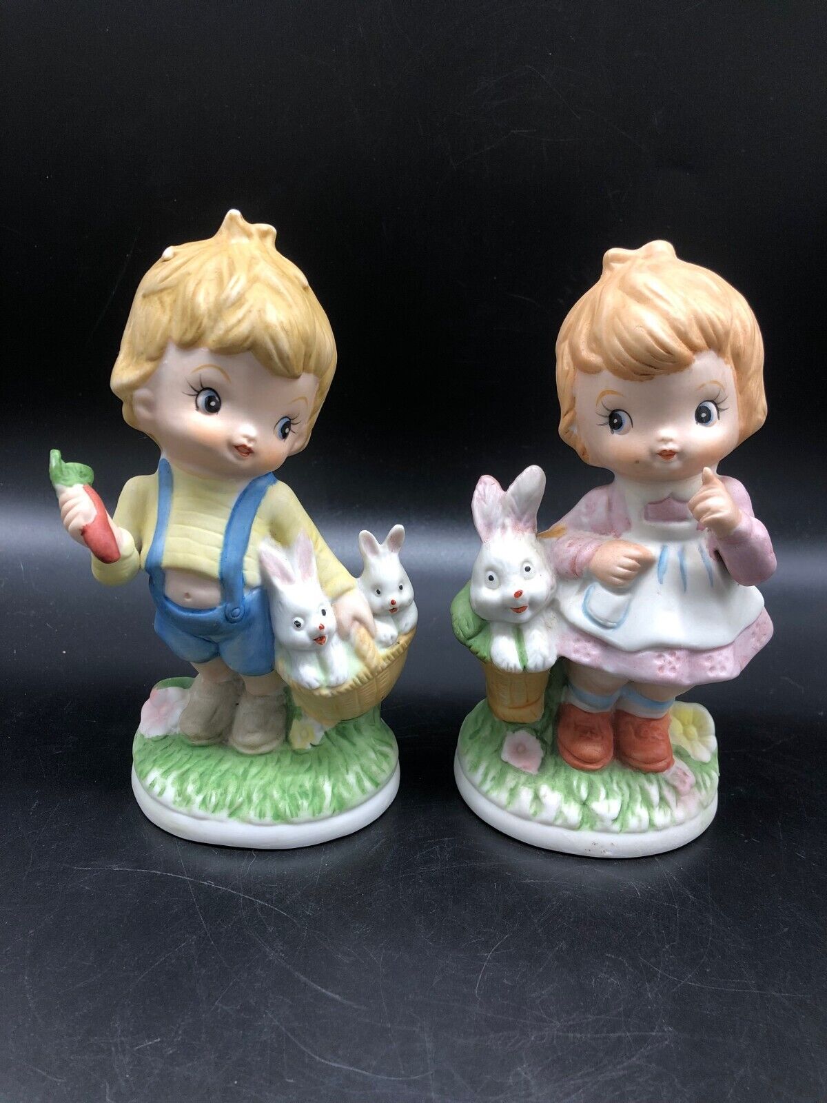 Vintage FBIA Hand Painted Porcelain Figurines, Little Girls With Bunnies, Easter