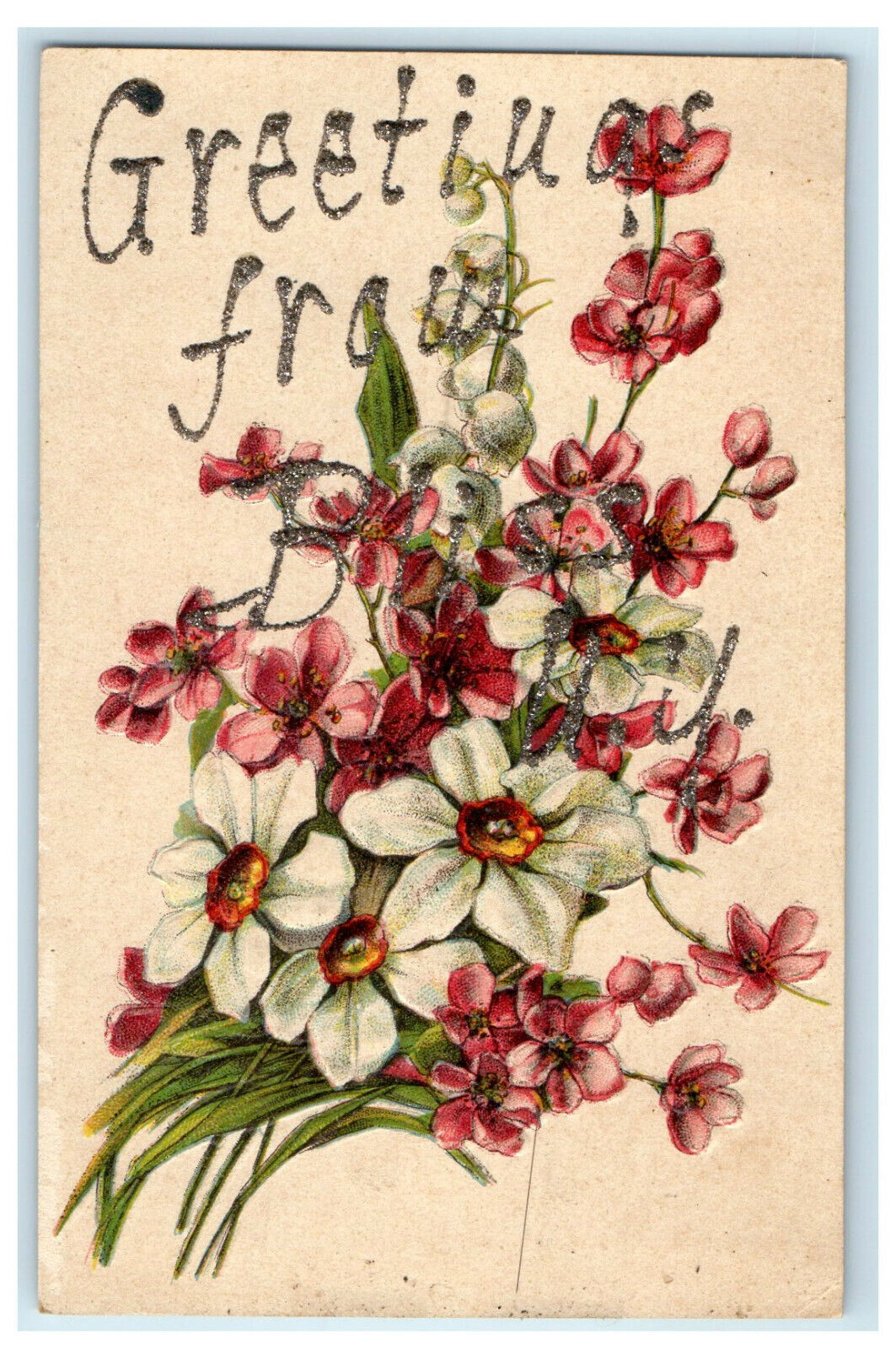 c1910s Greetings from Bliss New York NY Red and White Flowers Glittered Postcard