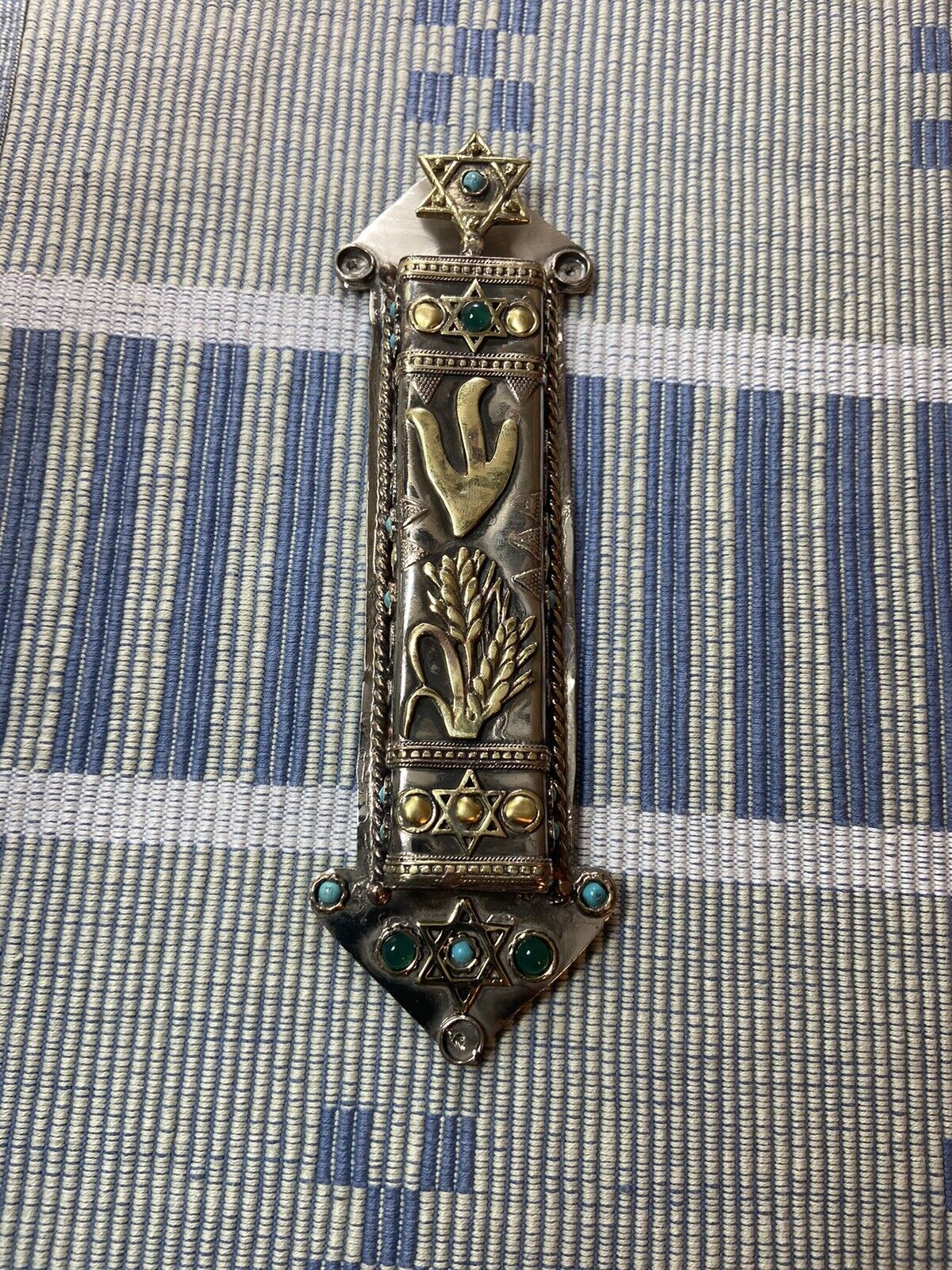Antique Metal Mezuzah Case Hand Made  Turquoise Very Fancy