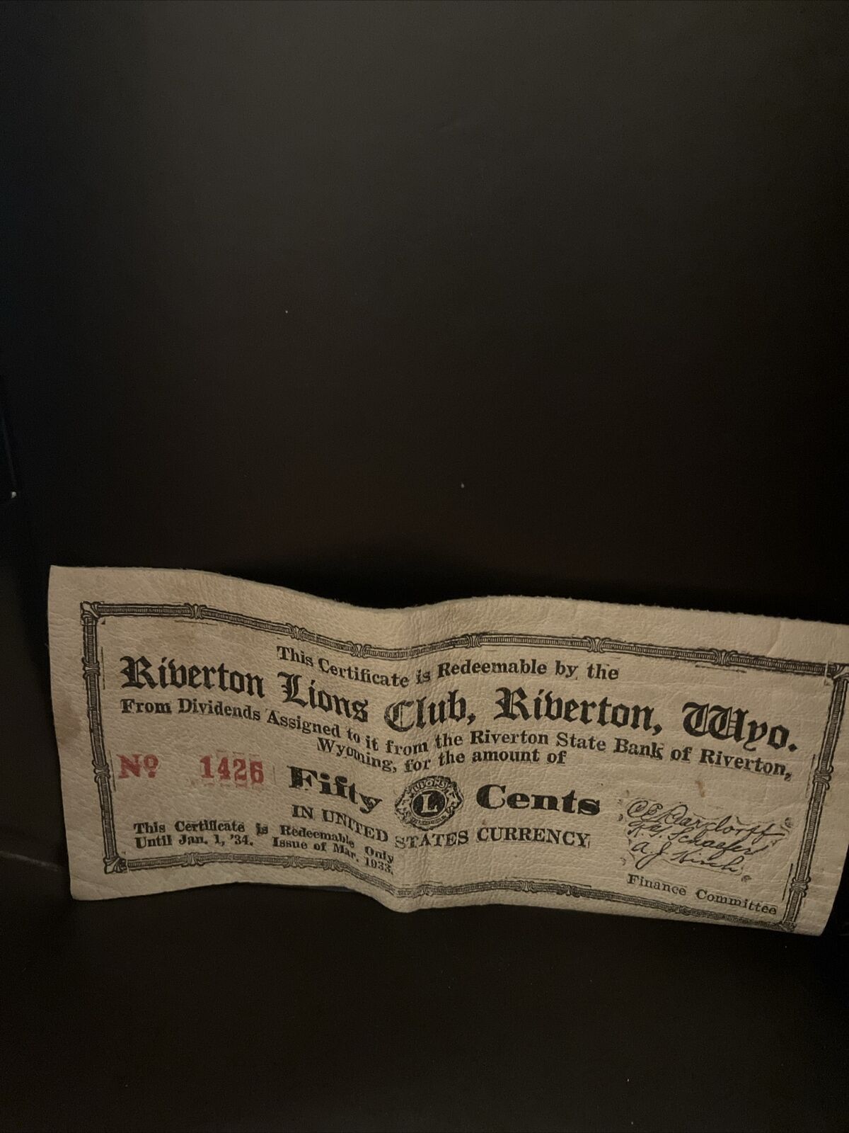 Riberton Lions Club Riberton Wyoming Fifty Cent Bill 1933
