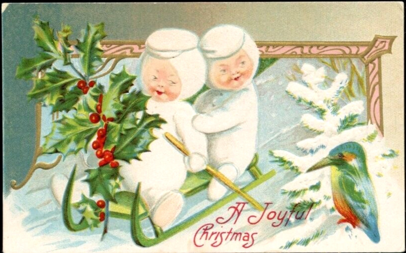 Antique Postcard A Joyful Christmas Snow Babies Sled Bird Holly Berries 1900s