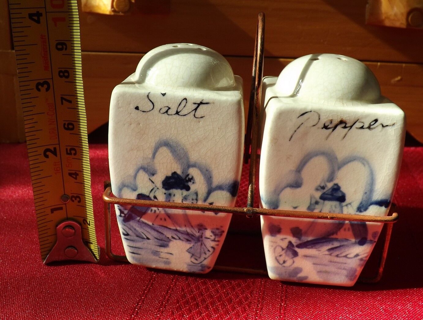 Vintage Blue and White Salt and Pepper in Copper Carrier