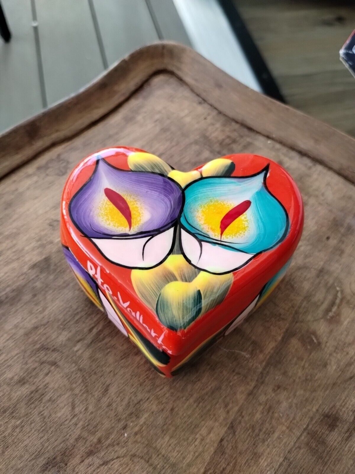 Talavera Heart Shaped Trinket Box Calla Lily Design Mexican Pottery Pto Vallarta