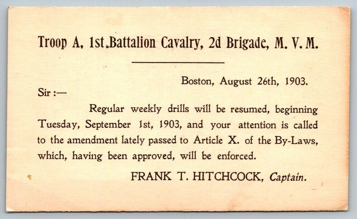 1903 US Army  Troop A  1st Battalion Cavalry  Boston  Massachusetts   Postcard