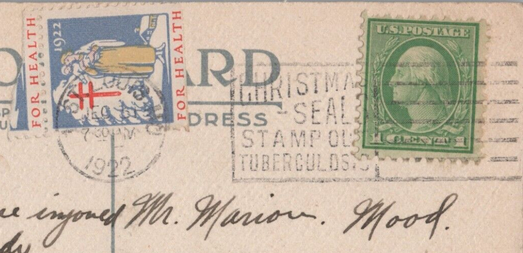 Rare 1922 Christmas Seal Tied to Postcard Clear Tuberculosis Cancel