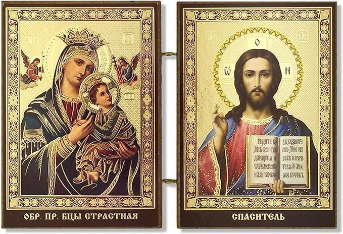 Two Toned Foiled Perpetual Help and Christ the Teacher Diptych Icon 3.5 In H