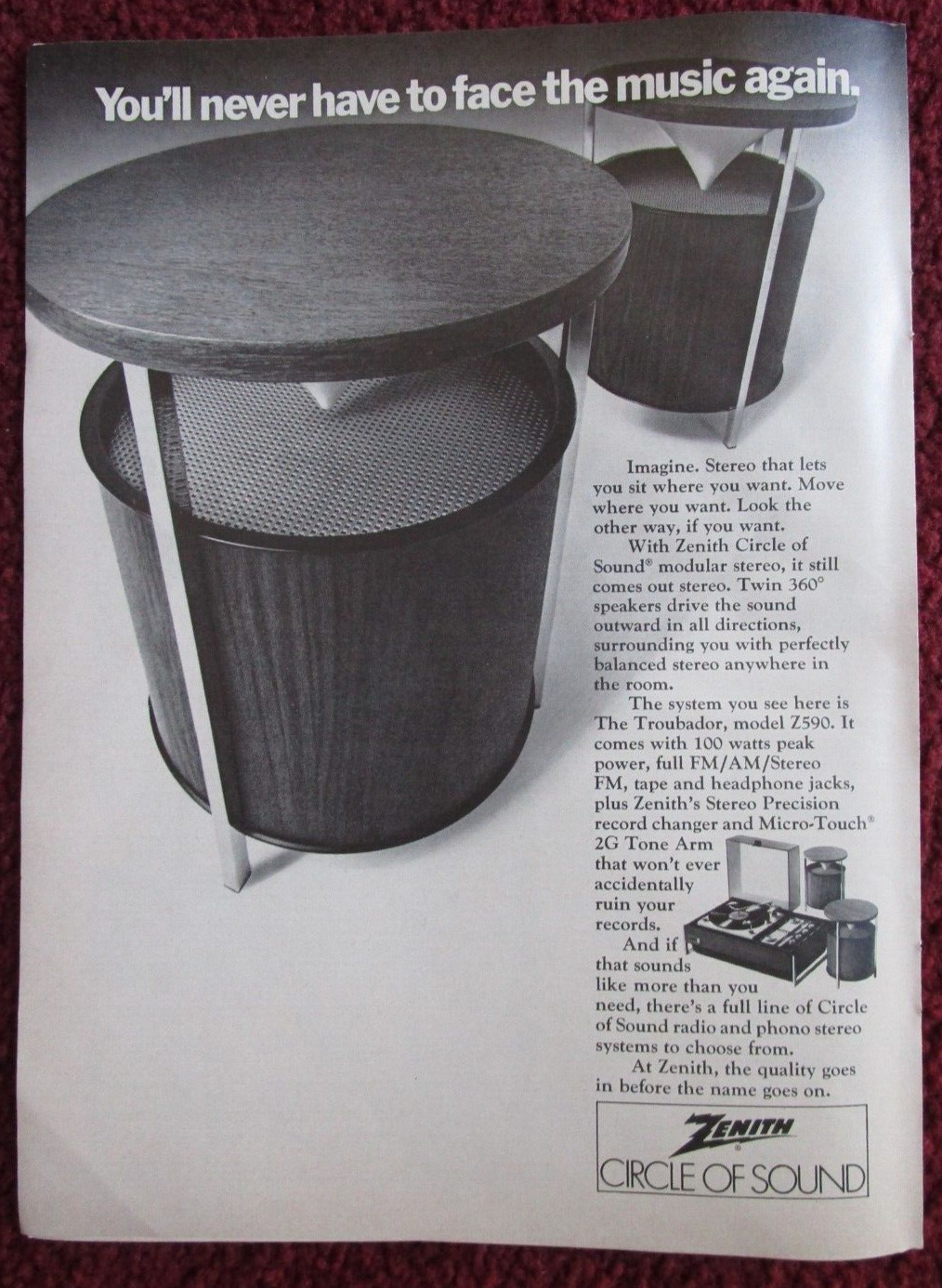 1970 ZENITH Circle of Sound Home Stereo Speakers Print Ad ~ Never Face Music