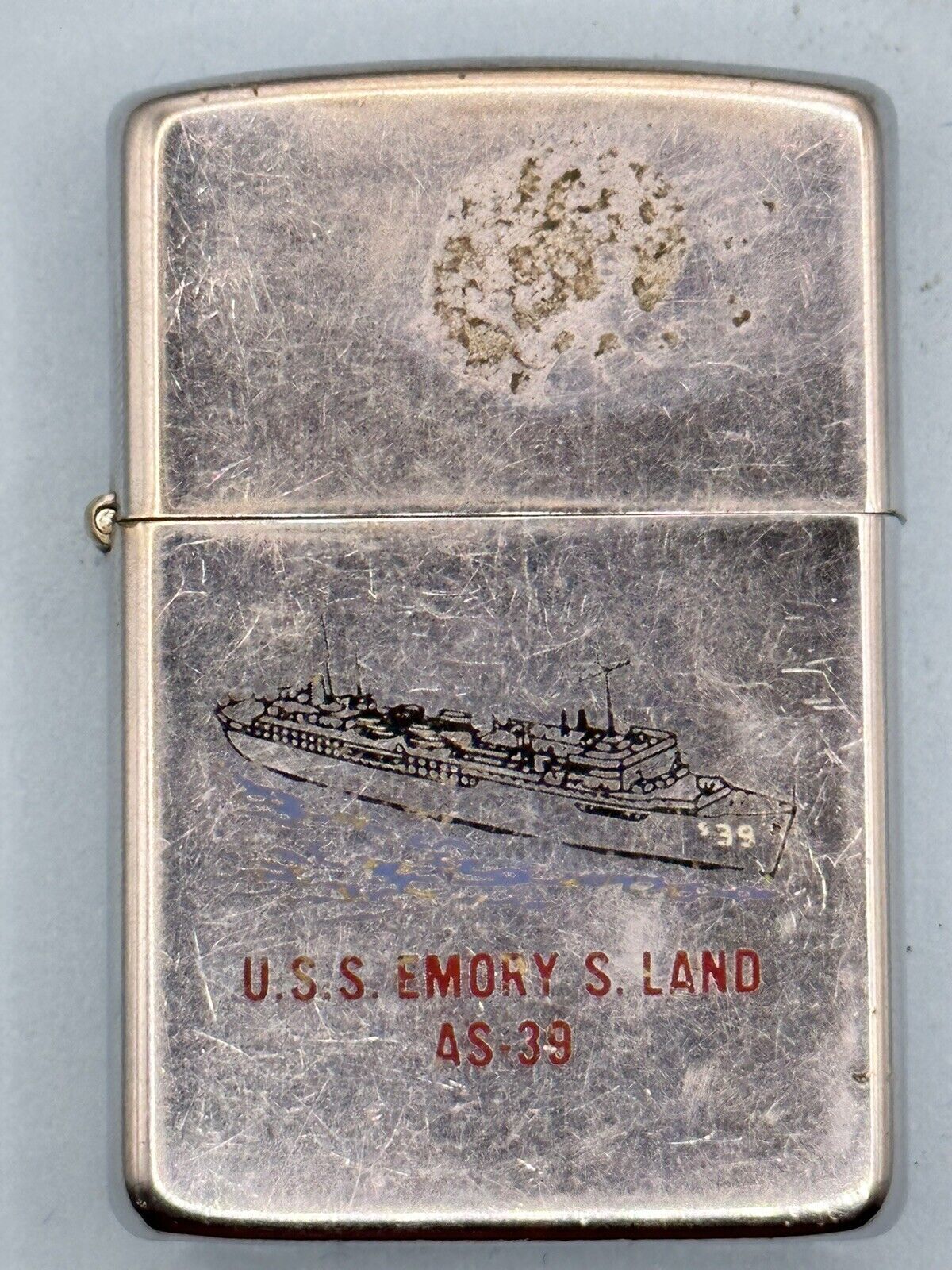 Vintage 1986 USS Emory S Land AS-39 Double Sided Chrome Zippo Lighter