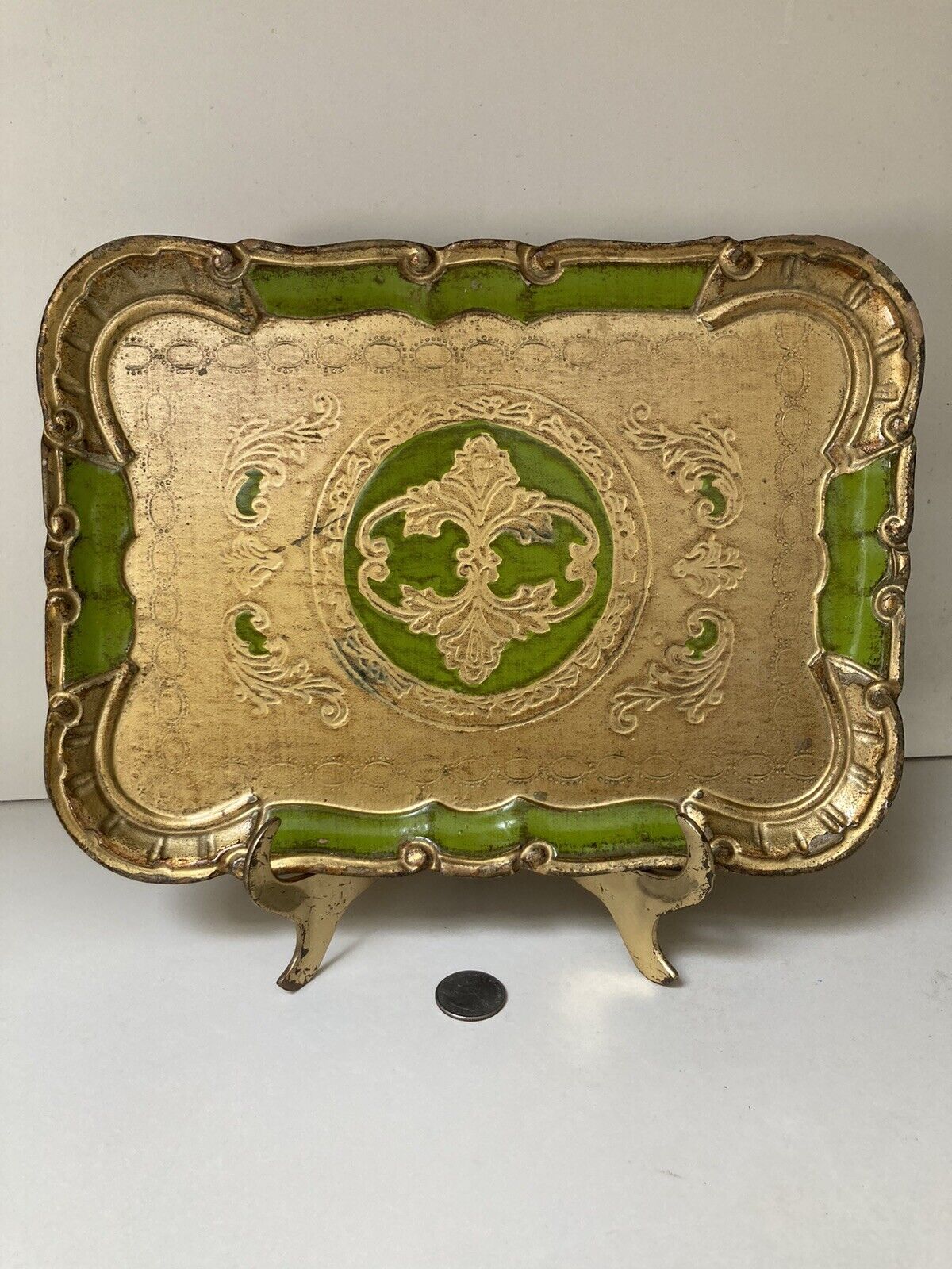 Vintage Handmade Italian Florentine Green Gold Gilt Wood Tray 11” X 8”