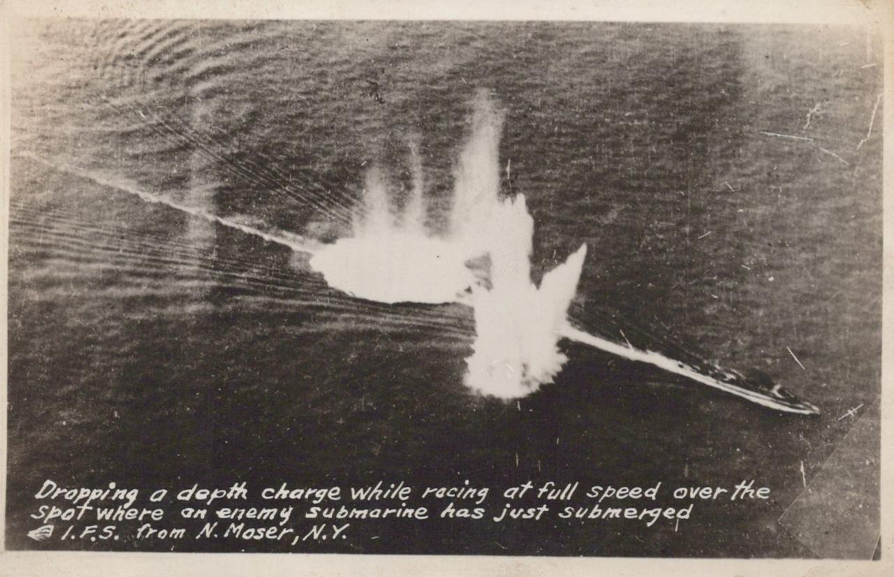 RPPC WWI US Navy Dropping Depth Charge Over Enemy Submarine Real Photo Postcard